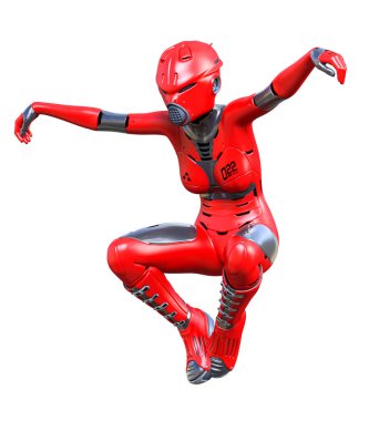 Robot kadın. Kırmızı mat metal droid. Yapay Zeka.