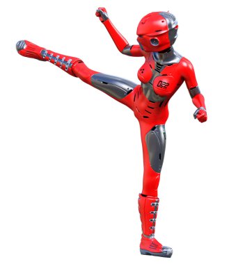 Robot kadın. Kırmızı mat metal droid. Yapay Zeka.