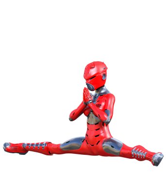 Robot kadın. Kırmızı mat metal droid. Yapay Zeka.
