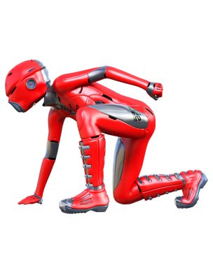 Robot kadın. Kırmızı mat metal droid. Yapay Zeka.