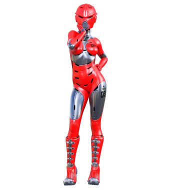 Robot kadın. Kırmızı mat metal droid. Yapay Zeka.