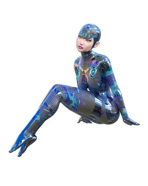 Cyborg Kadın fütüristik metalik neon takım elbise.