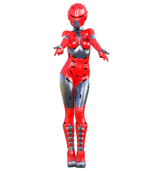 Γυναίκα ρομπότ. Κόκκινο ματ μεταλλικό ανδροειδές. Τεχνητή νοημοσύνη. — Φωτογραφία Αρχείου