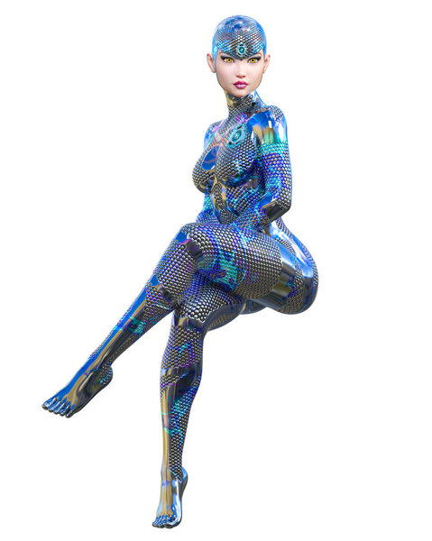 Футуристический металлический неоновый костюм женщины-киборга
.