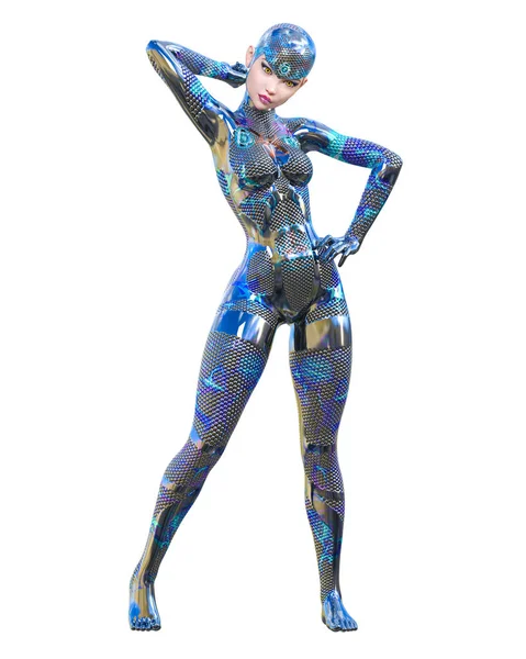 Cyborg Kadın fütüristik metalik neon takım elbise.