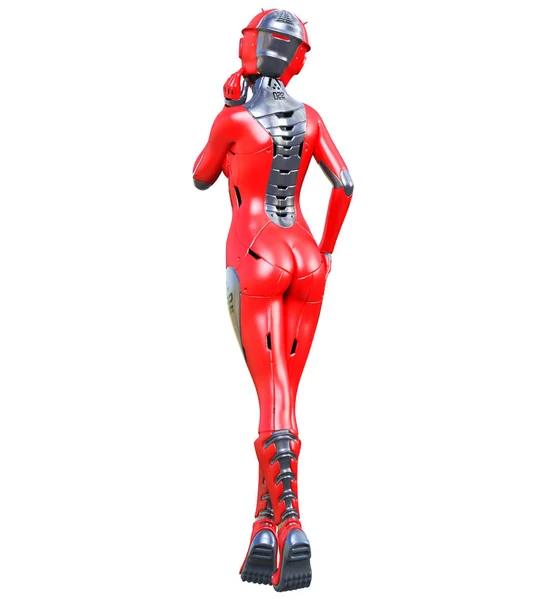 Mujer robot. Droide de metal mate rojo. Inteligencia artificial . —  Fotos de Stock