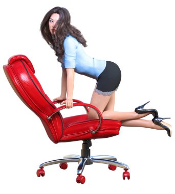 Sandalyede uzun saçlı esmer sekreter.