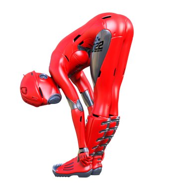 Robot kadın. Kırmızı mat metal droid. Yapay Zeka.