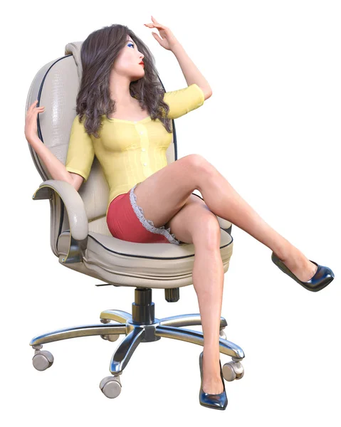 Long-haired brunette secretary in chair. — Stock Photo, Image