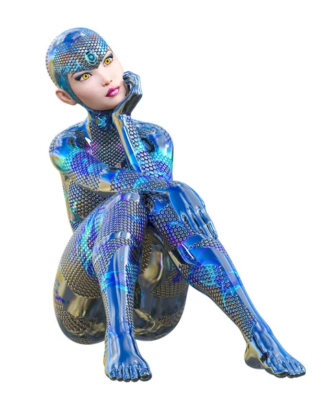 Cyborg Kadın fütüristik metalik neon takım elbise.