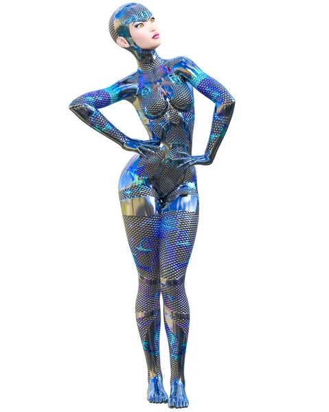 Cyborg Donna futuristica tuta metallica al neon . — Foto Stock