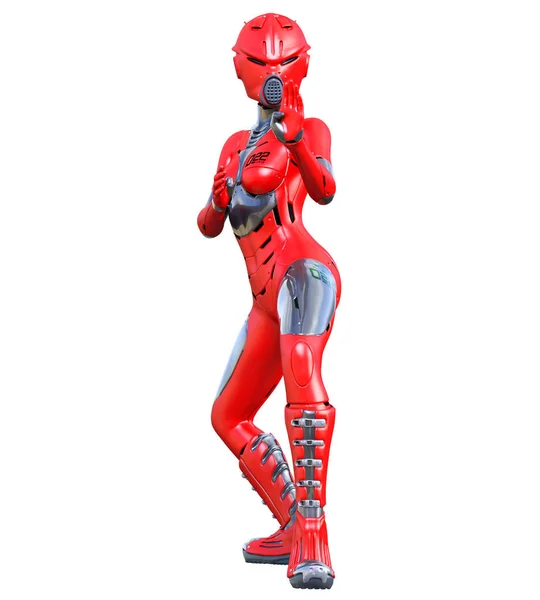 Robot vrouw. Rode matte metalen Droid. Kunstmatige intelligentie. — Stockfoto