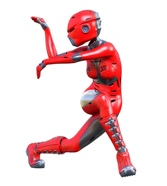 로봇 여자입니다. 레드 매트 금속 드로이드. 인공 지능. — 스톡 사진