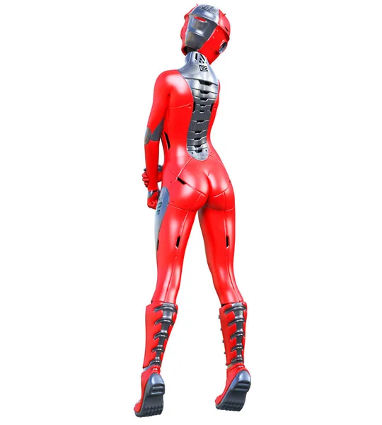 Robotí žena. Červený matný kovový Droid. Umělá inteligence. — Stock fotografie