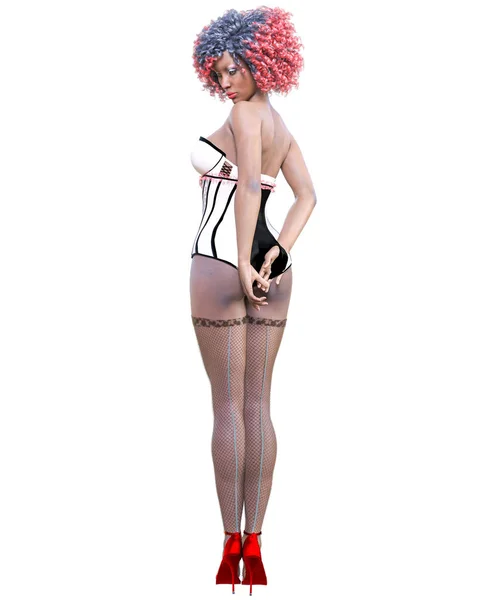 Tall sexy woman white corset. — Stock Photo, Image