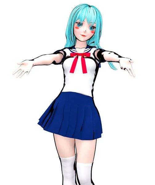 3D japansk Anime Schoolgirl. — Stockfoto