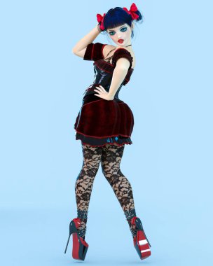 3D kız bebek büyük mavi gözleri ve parlak makyaj.