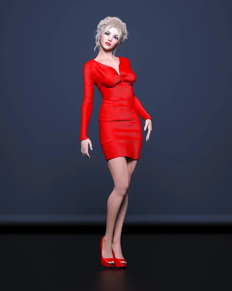 Bella donna bionda in rosso mini abito corto . — Foto Stock