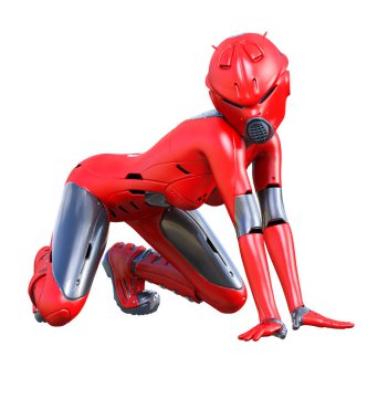 Robot kadın. Kırmızı mat metal droid. Yapay Zeka.
