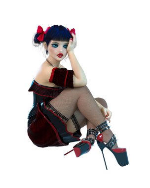 3D kız bebek büyük mavi gözleri ve parlak makyaj.