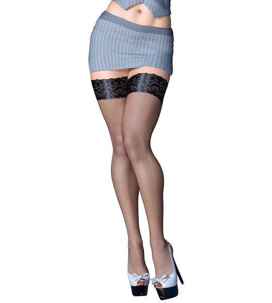 Long slender sexy legs woman short skirt stockings. — Stock Photo, Image