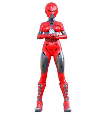 Robot kadın. Kırmızı mat metal droid. Yapay Zeka.
