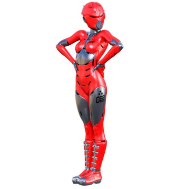 Robot kadın. Kırmızı mat metal droid. Yapay Zeka.