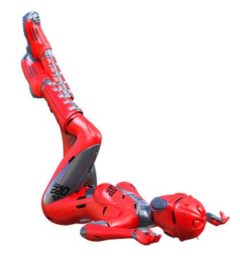 Robot kadın. Kırmızı mat metal droid. Yapay Zeka.