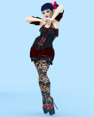 3D kız bebek büyük mavi gözleri ve parlak makyaj.