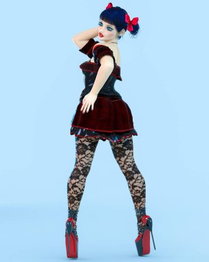 3D kız bebek büyük mavi gözleri ve parlak makyaj.