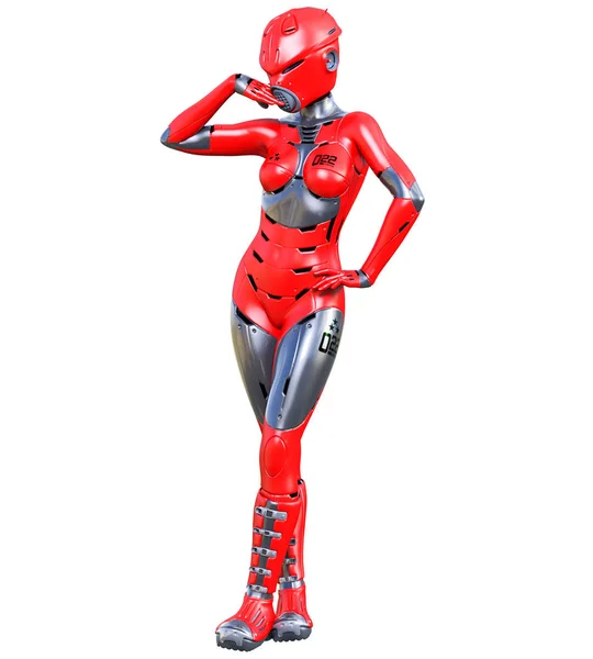 Robot woman. Red matte metal droid. Artificial Intelligence.