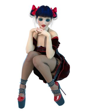 3D kız bebek büyük mavi gözleri ve parlak makyaj.