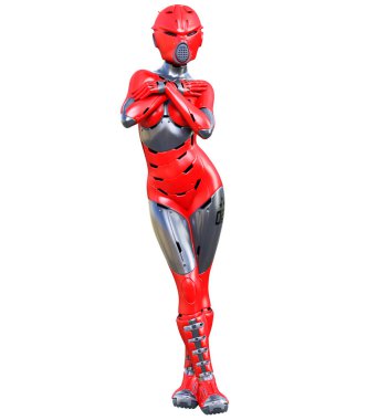 Robot kadın. Kırmızı mat metal droid. Yapay Zeka.