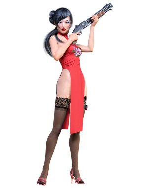 3D Japon savaşçısı Amazon kadın av tüfeği. Uzun elbise ve kesik. Çizgi film, çizgi roman, manga illüstrasyonu. Kavramsal moda sanatı.