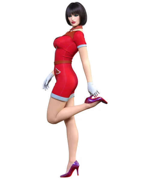 Bella Donna Stewardess Air Hostess Volo Girl Short Abito Uniforme — Foto Stock