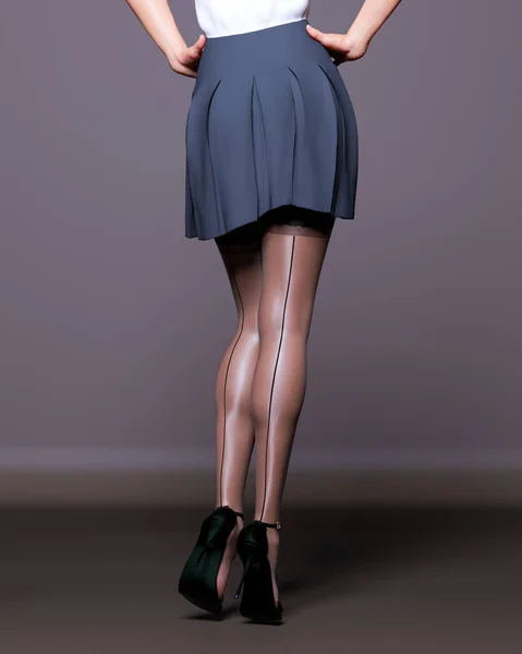 3D美しい女性の足黒ストッキングスカート暗い背景 女性のスタジオ写真 High Heel コンセプチュアルなファッションアート 誘惑率直な立場 レンダリングイラスト 秘書制服 — ストック写真