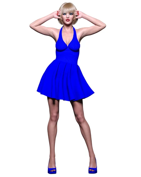 美しいブロンド女性青短いドレス 夏服コレクション明るい化粧 女性のスタジオ写真 概念的なファッションアート オフィスビジネススタイル女性のファタル — ストック写真