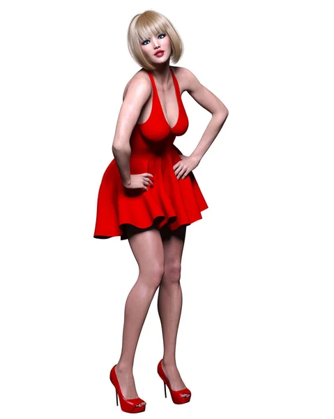 Schöne Blonde Frau Rote Kurze Kleider Sommerkleiderkollektion Helles Makeup Woman — Stockfoto