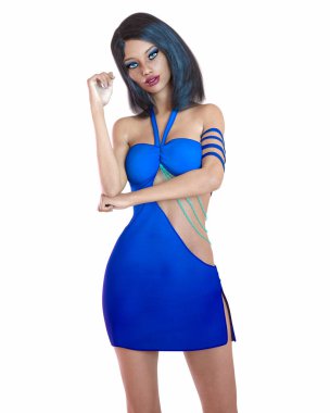 Güzel kadın kısa gece mini elbisesi. Daha iyi kıyafetler koleksiyonu. Parlak makyaj. Kadın stüdyo fotoğrafı. Kavramsal moda sanatı..