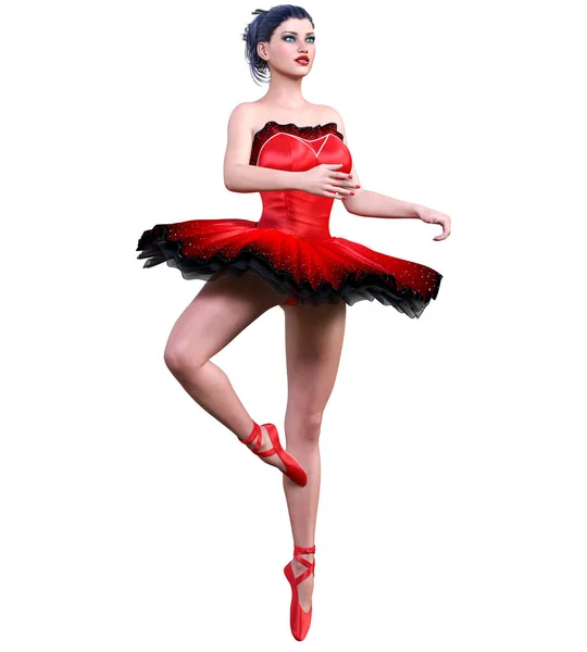 Dancing ballerina.Red ballet tutu.Dark hair girl blue eyes.Ballet street dancer.Studio photography.High key.Conceptual fashion art.3D render isolate illustration.