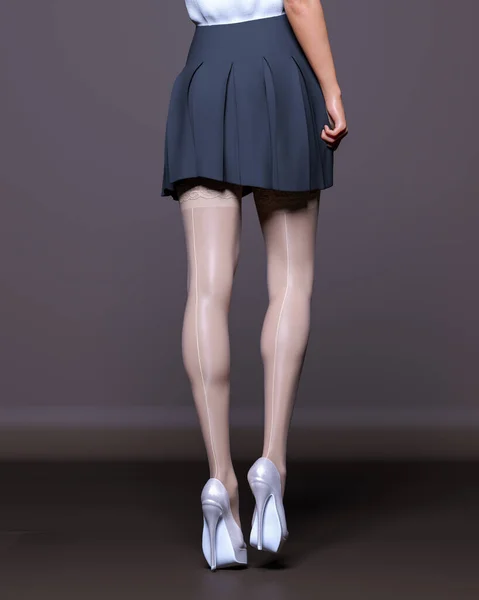 3D美しい女性の足の白いストッキングスカート暗い背景 女性のスタジオ写真 High Heel コンセプチュアルなファッションアート 誘惑率直な立場 レンダリングイラスト 秘書制服 — ストック写真