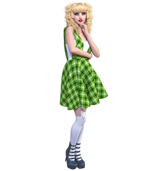 Mladý Krásný Goth Dívka Panenka Tvář Pózuje Focení Zelené Šaty — Stock fotografie