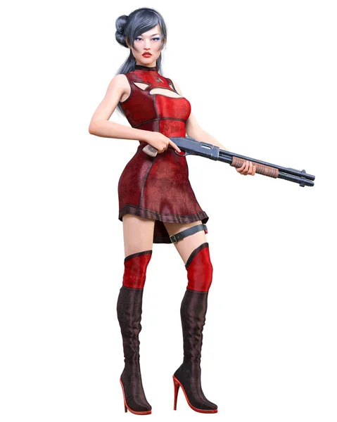 Japansk Krigare Amazon Kvinna Hagelgevär Render Red Klänningar Comic Cosplay — Stockfoto