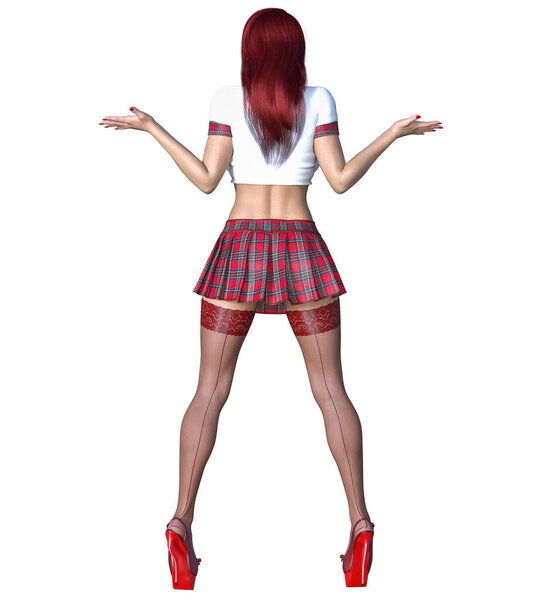 Beautiful young redhead woman posing photo shoot.Short red skirt cage, stockings, shoes, white blouse.Long hair.School secretary sexy uniform.Conceptual fashion art.3D render illustration