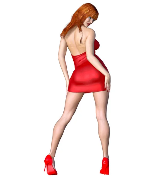美丽的红头发女人红色的短晚礼服 夏装系列 鲜艳的化妆品 女人工作室摄影 概念时尚艺术 女人脂肪 3D渲染 — 图库照片