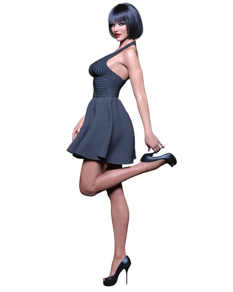 Krásná Brunetka Žena Černé Krátké Šaty Letní Kolekce Oblečení Světlé — Stock fotografie