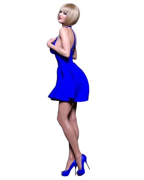 Krásná Blondýnka Žena Modré Krátké Šaty Letní Kolekce Oblečení Světlé — Stock fotografie