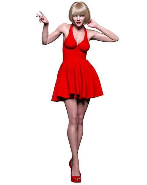 Hermosa Mujer Rubia Rojo Corto Dress Summer Ropa Collection Bright —  Fotos de Stock