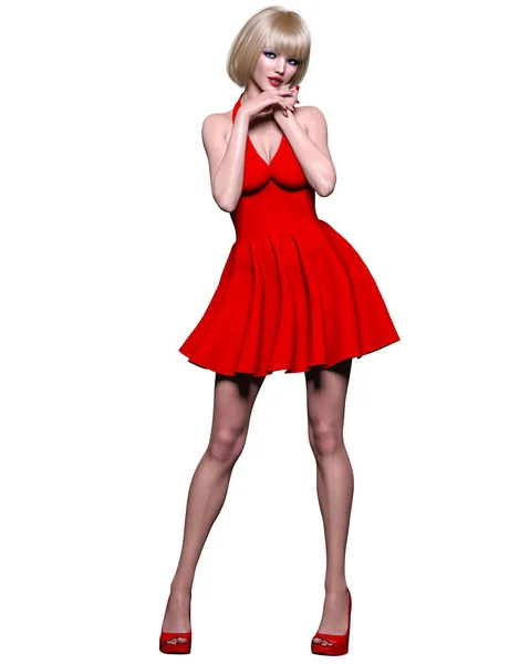 Schöne Blonde Frau Rote Kurze Kleider Sommerkleiderkollektion Helles Makeup Woman — Stockfoto