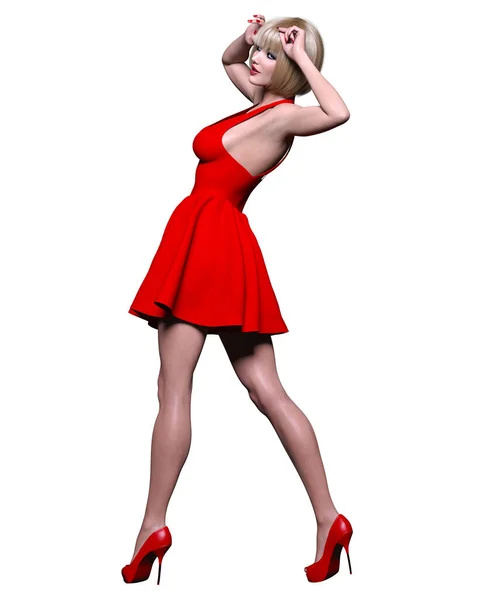 美しいブロンド女性赤短いドレス 夏服コレクション明るい化粧 女性のスタジオ写真 概念的なファッションアート オフィスビジネススタイル女性のファッション — ストック写真